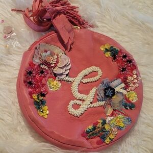 ANTHROPOLOGIE Embroidered Pink Round Bag
